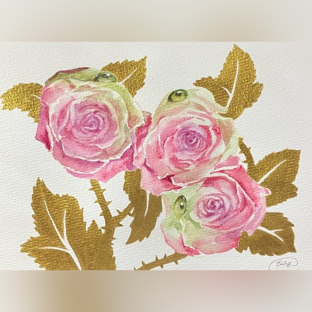 Original roses painting Watercolor Art Pink Gold Leaves valentine 2026 by artist